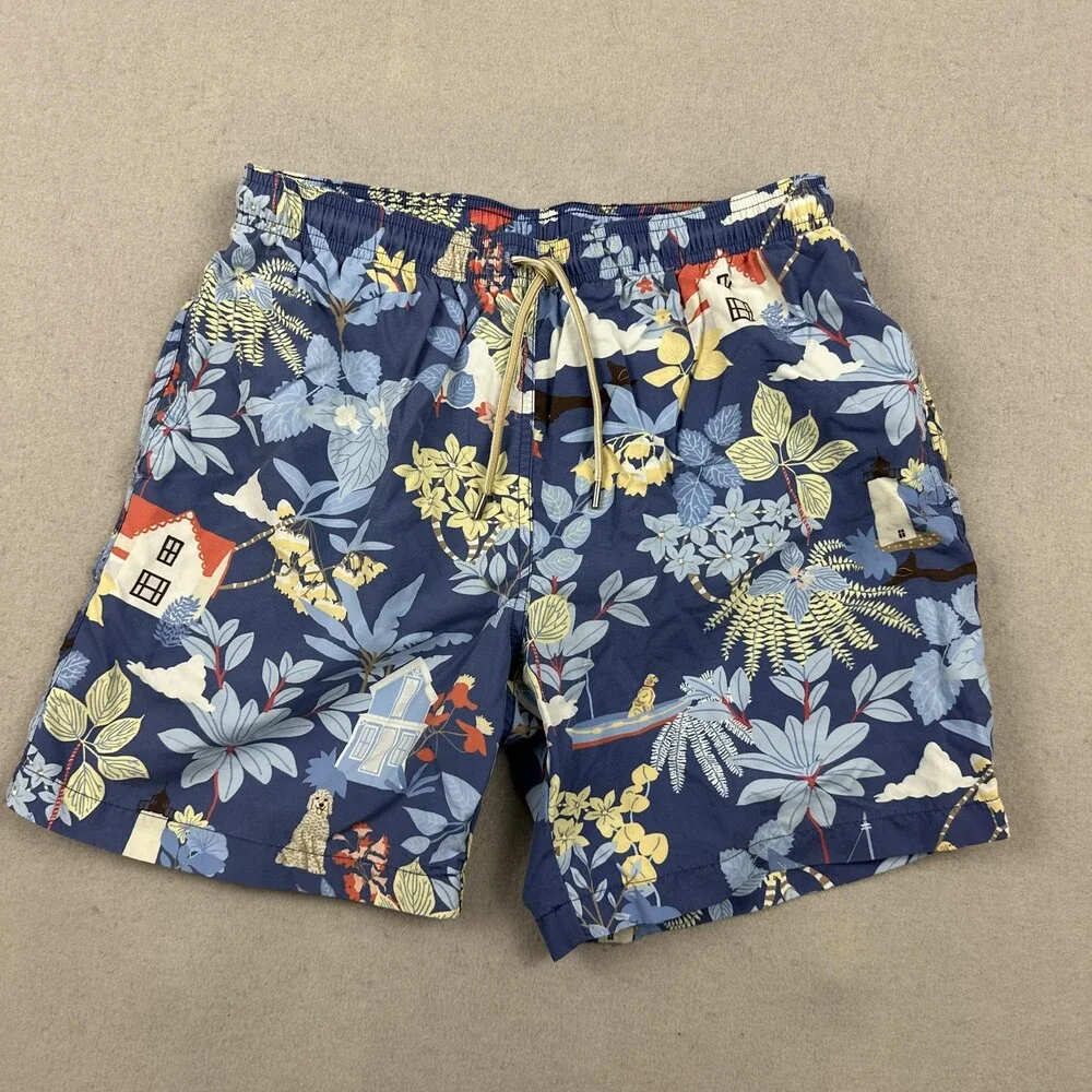 McLaughlin Swim Shorts Men Small Blue Floral Tropical Print Mesh Liner Pockets S